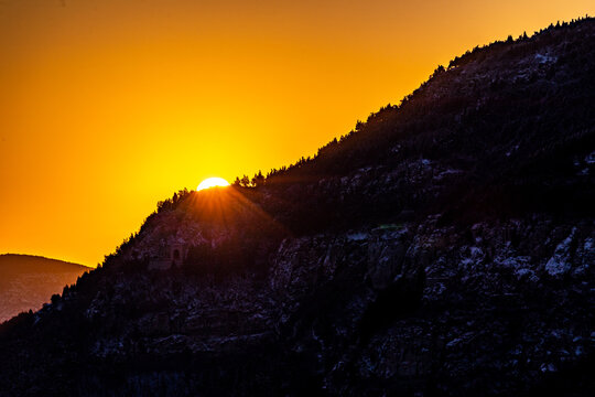Asia, Jinan, Shandong, China, Qianfo Mountain Scenic Architecture, Winter Snow Mountain Tourism Tour
