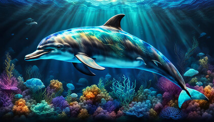 Fantasy Artwork Oil Painting of a Dolphin Swimming Between a Vividly Colored Coral Reef with Alcohol Ink Water Backdrop.