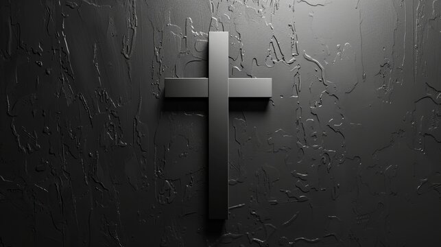 Black and white image of a lone cross on the wall. Good Friday holiday, minimalist, copy space.