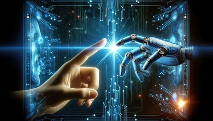The convergence of human and artificial intelligence depicted by a human hand reaching towards a robotic hand against a high tech background.