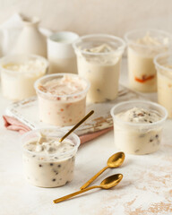 Diverse curd masses with toppings, served with elegance for a delightful taste.