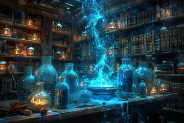  mystical library with glowing blue magical swirls amidst ancient books and mysterious potions - obrazy, fototapety, plakaty