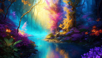 Obraz na płótnie Canvas A Vibrant, Whimsical Fantasy Painting Depicting Vibrant Jewel-Toned Colorful Enchanted Fantasy Forest with a River and Lavish Flowers