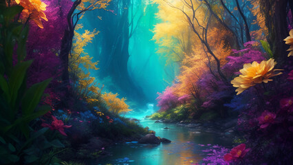 A Vibrant, Whimsical Fantasy Painting Depicting Vibrant Jewel-Toned Colorful Enchanted Fantasy Forest with a River and Lavish Flowers - obrazy, fototapety, plakaty