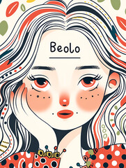 Close up, a cartoon illustration by Rebecca Doodle of a beautiful girl in the style of simple beauty, mixed pattern, text and emoji device, charming character illustration, folklore 