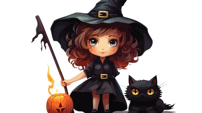 Little witch with broom and black cat for Halloween vector