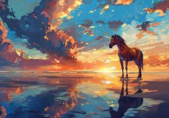 A brown fly horse standing on top of a sandy beach under a cloudy blue and orange sky with a sunset. - obrazy, fototapety, plakaty