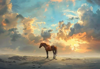 Foto op Canvas A brown fly horse standing on top of a sandy beach under a cloudy blue and orange sky with a sunset. © Rashid