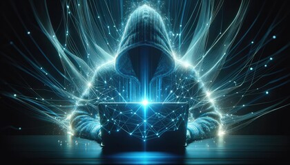 Mysterious hooded figure interacts with a laptop, surrounded by a complex web of glowing digital connections and lights. - obrazy, fototapety, plakaty