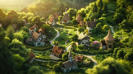 A whimsical scene featuring a charming village nestled in a picturesque countryside, with quaint...