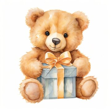 Charming Teddy Bear with Gift Box, Watercolor Technique on White - cute bear drawing, gift box art
