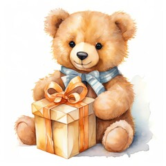 Charming Teddy Bear with Gift Box, Watercolor Technique on White - cute bear drawing, gift box art