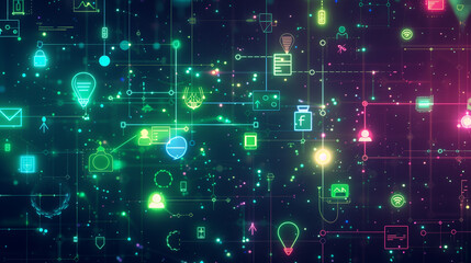 Obraz premium Digital Network and Data Connections on a Dark Background with Colorful Icons