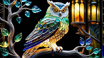 Owl sitting on a branch in the park. 3d rendering