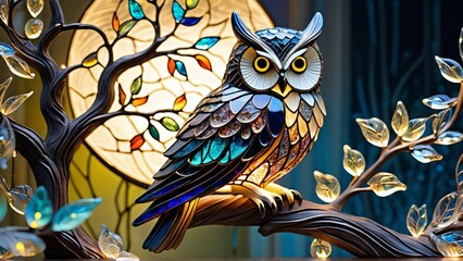 Owl sitting on a branch in the park. 3d rendering