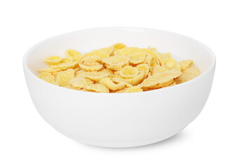 Breakfast cereal. Corn flakes and milk in bowl isolated on white