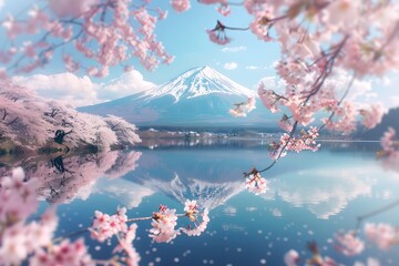 Majestic Mount Fuji Reflected in Tranquil Pond Amidst Blooming Cherry Blossoms Capturing the...
