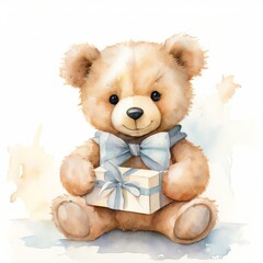 Fototapeta premium Charming Teddy Bear with Gift Box, Watercolor Technique on White - cute bear drawing, gift box art
