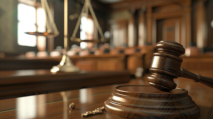 Classic Wooden Gavel in Courtroom - Legal Justice System Concept