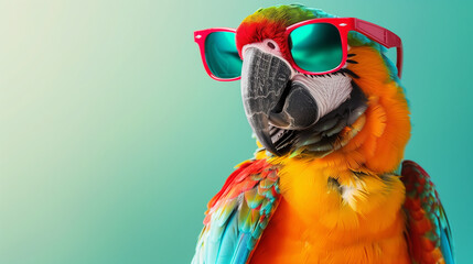 Stylish Parrot Wearing Pink Sunglasses on Teal Background - Tropical Fun Concept