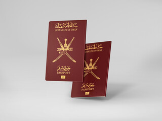Sultanate of Oman passport floats in the air isolated on white, International passport mockup in document for travel