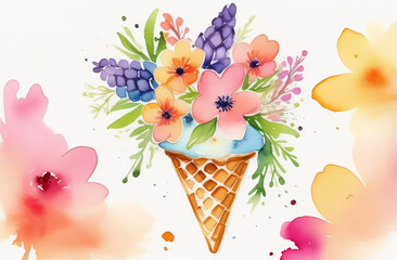 water color styled fresh flowers in a waffle ice cream cone, spring blossom idea, decorative festive trend. High quality illustration