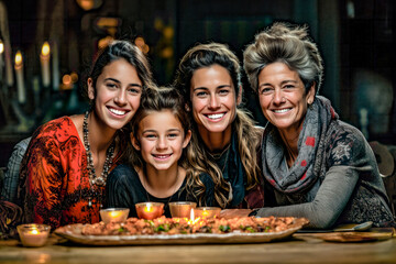 Generative AI illustration of smiling gray haired woman sitting at table with daughters and granddaughter hugging each other while celebrating Christmas together looking at camera - obrazy, fototapety, plakaty