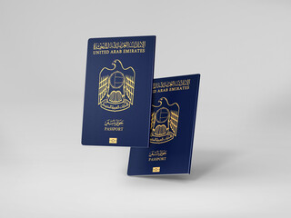 United Arab Emirates passport floats in the air isolated on white, International passport mockup in document for travel