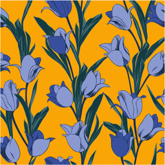 Hand drawn blue tulips with seamless floral pattern. On a yellow background. Vector illustration.
