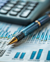 Elegant fountain pen lying on a detailed financial report with graphs and a calculator, highlighting business analytics and budget planning.