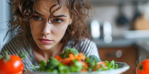 Troubled Woman Stares at Insufficient Vegetable Meal Highlighting Distress of Eating Disorders with Copy Space
