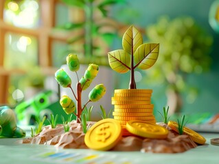 A creative representation of investment and financial growth, with a plant sprouting from a stack of gold coins in a bright, green setting.