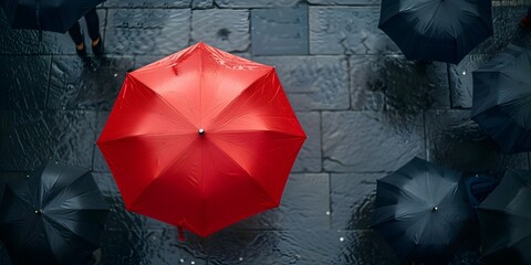 A Vibrant Red Umbrella Proudly Standing Amidst a Bustling City Square with Black Umbrellas...