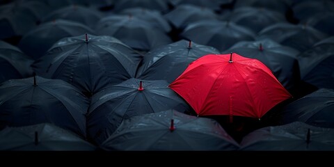 A Lone Red Umbrella in a Sea of Black Ones Symbolizing Courage to Stand Out and Lead in a Conforming Crowd