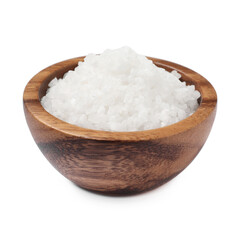 Fototapeta na wymiar Natural salt in wooden bowl isolated on white