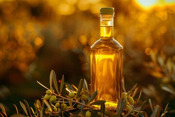 Golden olive oil bottles in rural field with olives and fruits under morning sun, perfect for text
