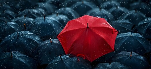 Solitary Red Umbrella Amidst a Sea of Black Umbrellas During a Rainstorm Symbolizing Resilience and Positivity in Adversity