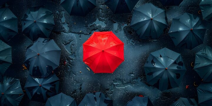 Red Umbrella Stands Out Among Black Ones in Crowded Urban Street Depicting Uniqueness and Individuality in Society