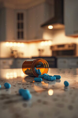 An AI Generated bottle of pills is on a counter with blue pills scattered around it