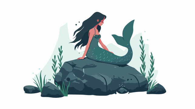 Mermaid Frightened Sits on rock. Mythical sad woman wi