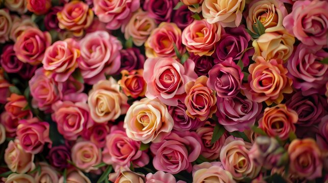 Roses. Large bouquet. Pattern of roses. Floral background. Lot of artificial flowers in colorful composition. natural roses background