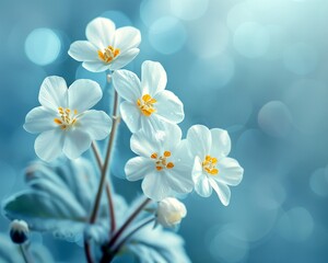 Close-up of ethereal white flowers with golden stamens against a dreamy blue bokeh background, embodying gentle serenity.