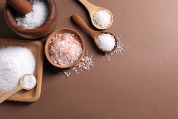 Natural salt in different dishware on brown background, flat lay. Space for text