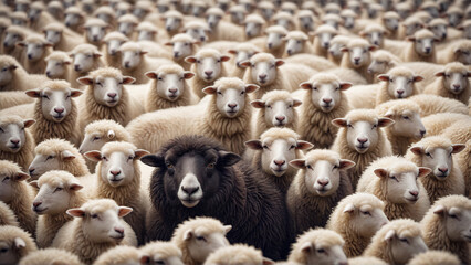 a black sheep among a flock of white sheep
