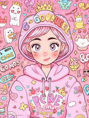 Close up, a cartoon illustration by Rebecca Doodle of a girl in a high pink hoodie in the style of princess, mixed pattern, text and emoji device, charming character illustration, folklore