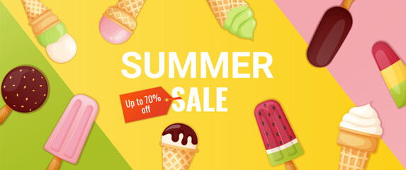 Summer sale promo banner with ice cream - obrazy, fototapety, plakaty
