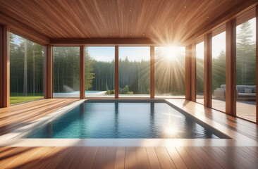 abstract swimming pool with blue water, big windows with natural view, wooden deck. High quality illustration