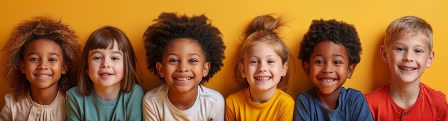 Happy, beautiful, smiling children, boys and girls of different race and nationality on yellow background. Friendship. - obrazy, fototapety, plakaty