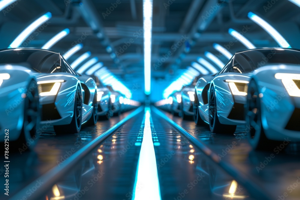 Poster futuristic electric car factory with automated robotics production line and efficiency statistics