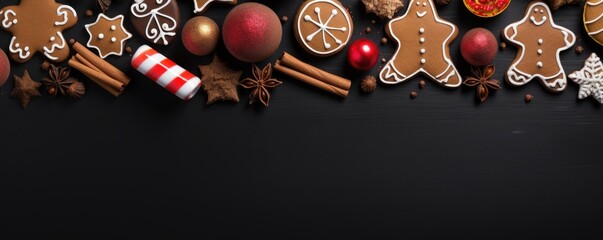 Beautiful Christmas decoration with amazing gingerbread cookies. Merry christmas theme. Christmas greeting card over black background, top view. Flat lay with copy space for xmas greetings. - Powered by Adobe